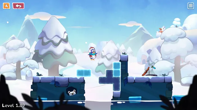 Snowy pine forest with Waddly and a bridge of icy puzzle blocks
